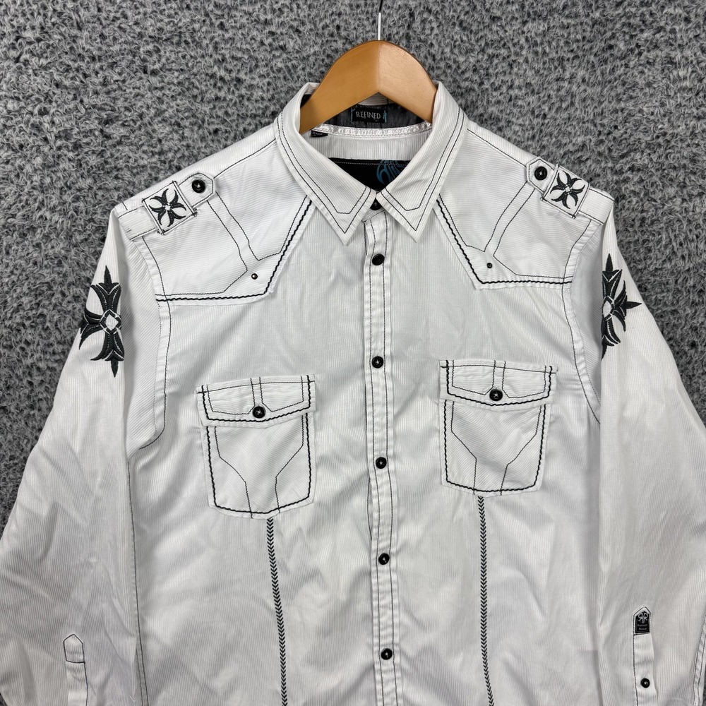 Roar Shirt Mens XL White Stripe Embroidered Cross Rockabilly Western Button Up - Picture 7 of 14